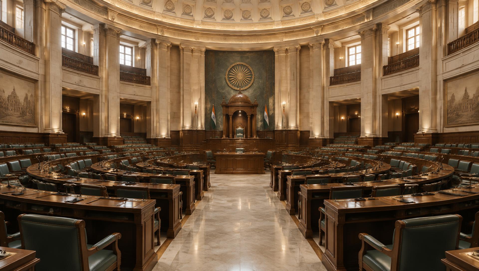 Illustrative parliamentary chamber with tiered seating and central dais