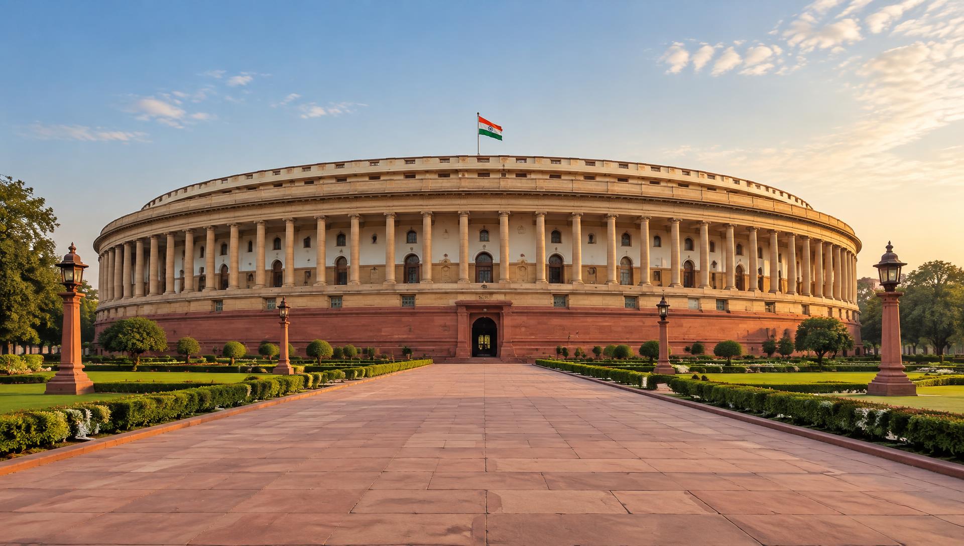 Parliament of India seen from a long ceremonial approach